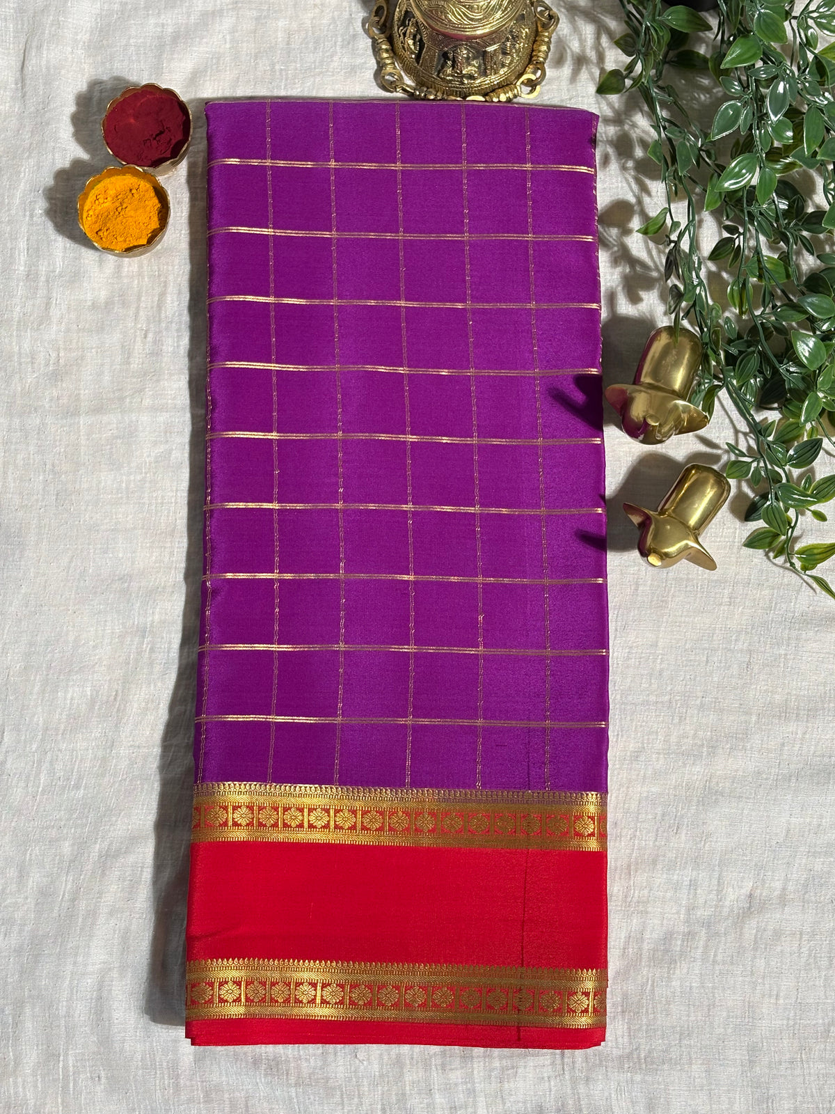 Rani Purple Mysore Silk Saree with Red & Gold Zari Border