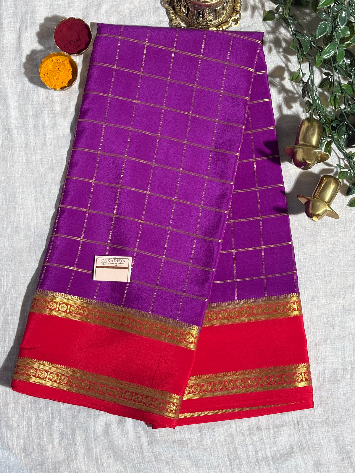 Rani Purple Mysore Silk Saree with Red & Gold Zari Border
