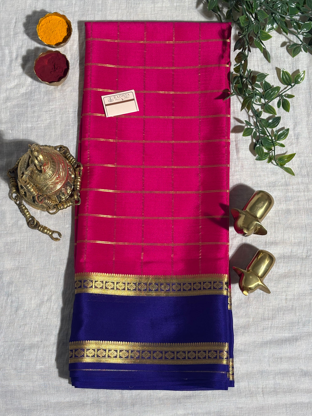 Rani Pink Mysore Silk Saree with Royal Blue & Gold Zari Border