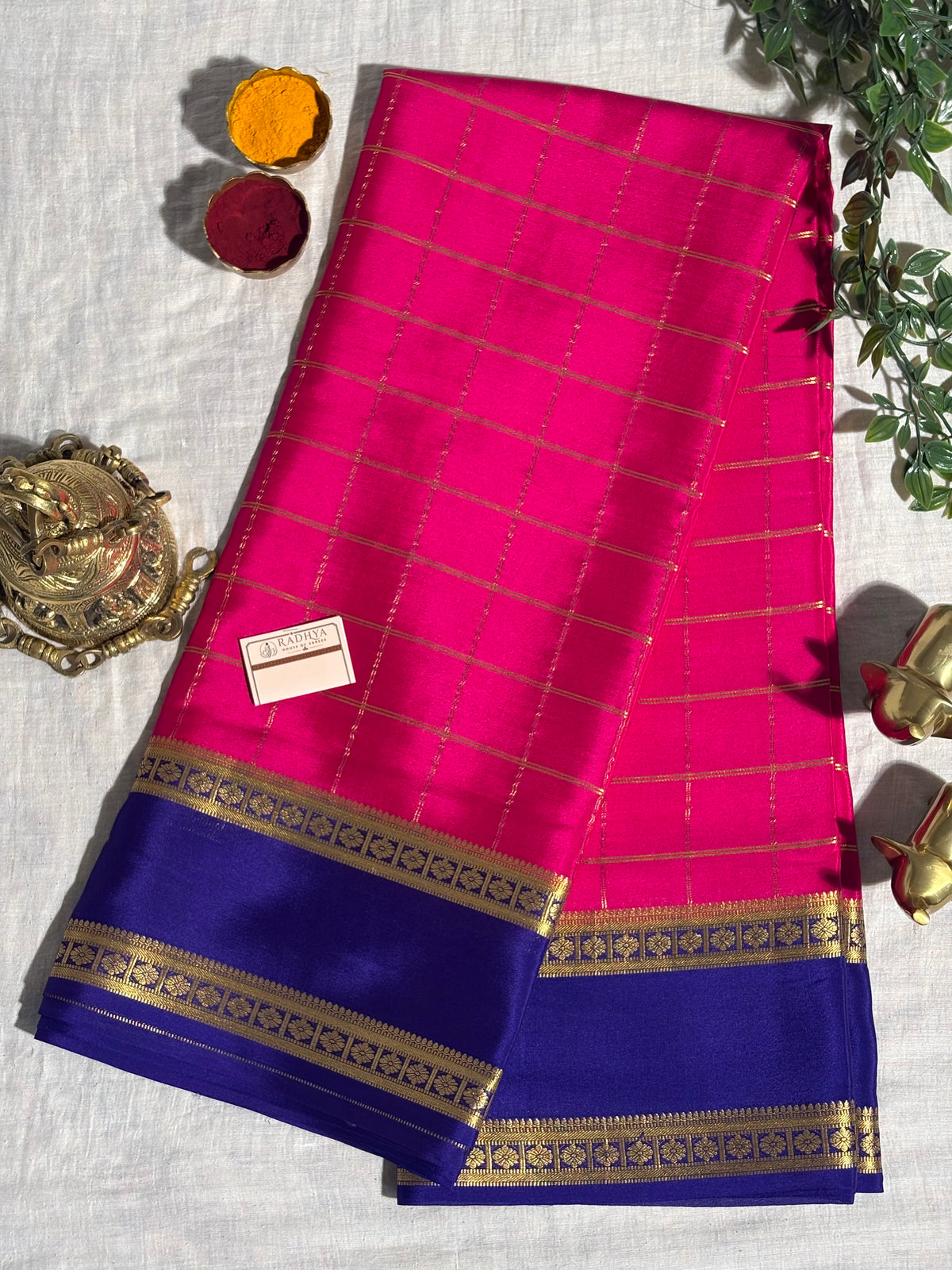 Rani Pink Mysore Silk Saree with Royal Blue & Gold Zari Border