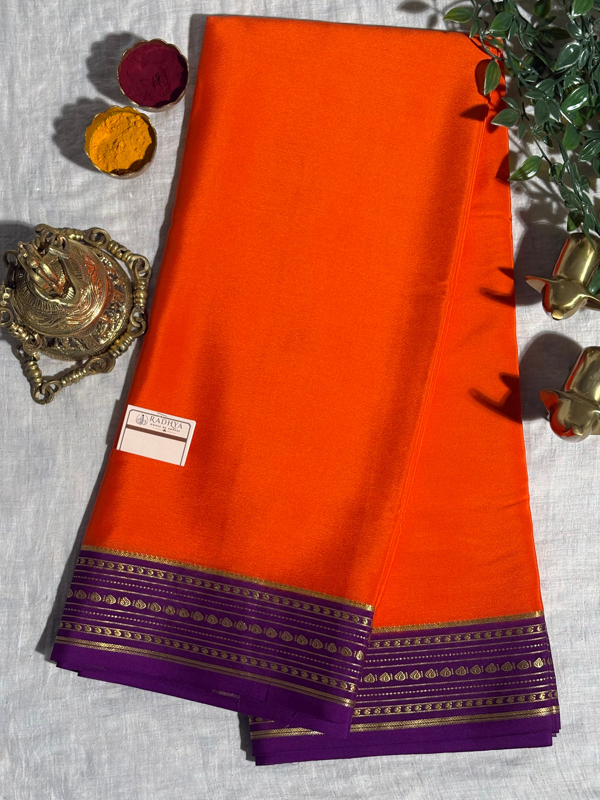 Orange Mysore Silk Saree with Deep Purple & Gold Zari Border