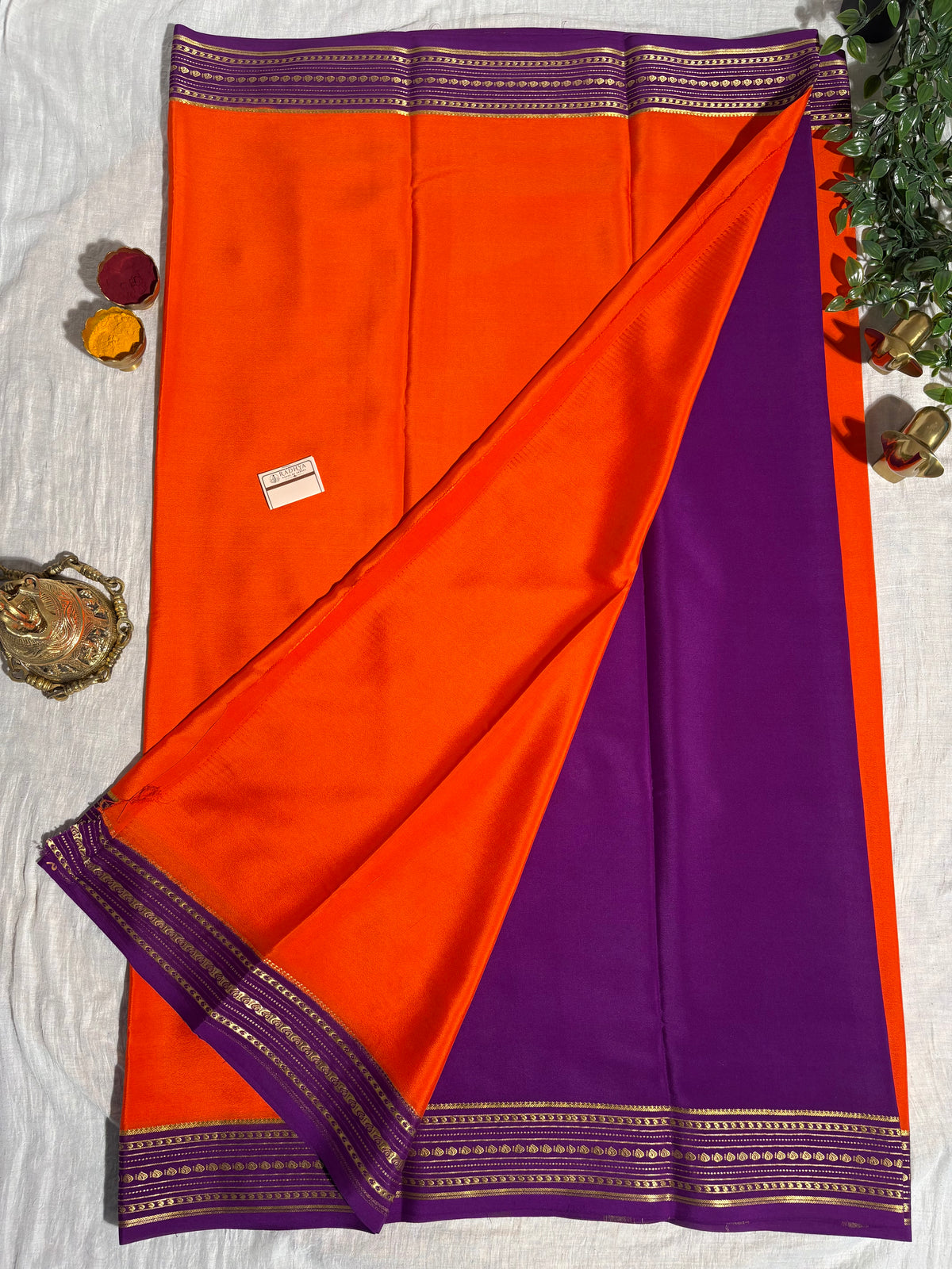 Orange Mysore Silk Saree with Deep Purple & Gold Zari Border